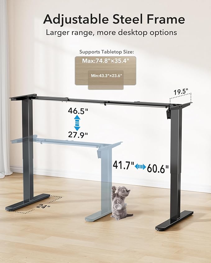 HUANUO Standing Desk Frame with 220lbs Powerful Brushless Motor Thick T-Shaped Adjustable Desk Legs Made of Automotive-Grade Steel for Max 75″ x 35″ Desktop for Home Office Black Frame Only