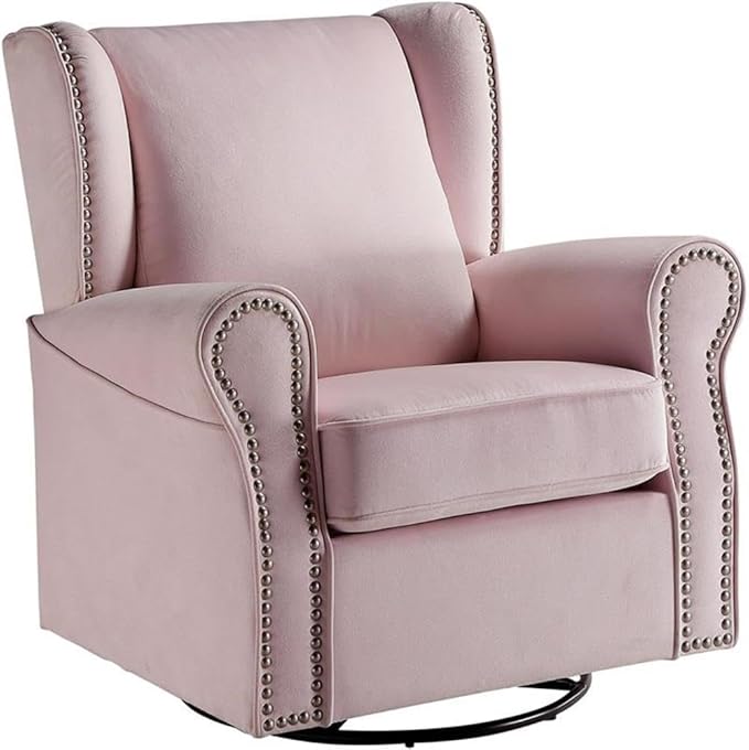 BOWERY HILL Contemporary Swivel Chair with Glider Pink Fabric Upholstery Wingback Design Nailhead Trim Loose Seat Removable Cushion Cover 35 L x 34 D x 37 H Accent Chair for Living Room