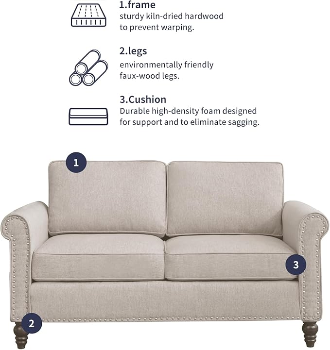 Loveseat Sofa Couches for Living Room 2 Sofa Seat for Small Spaces Mid Century Modern Couch with Armrest and Backrest Soft Cushion Sofa for Home/Office/Apartment - Beige