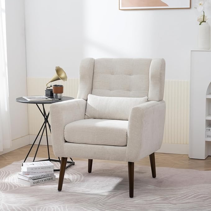 Modern Accent Chair Upholstered in Chenille Fabric Perfect for Living Room or Bedroom (Beige)