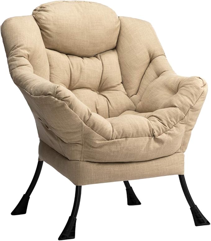 HollyHOME Lazy Chair with Armrest and Side Pocket Comfy Accent Lounge ChairLeisure Sofa Armchair for Living Room Bedroom Dorm or Small Spaces Oversized Reading Sofa ChairCotton-Linen Tan