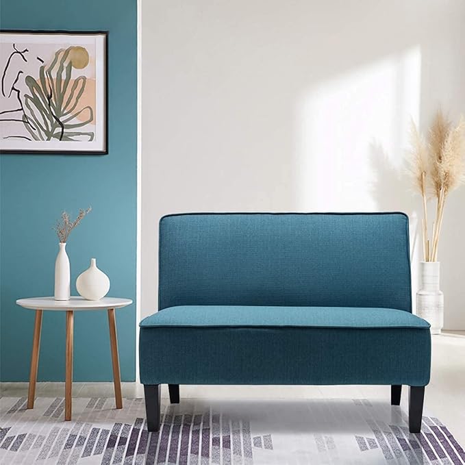 Yongqiang Small Loveseat Mini Sofa Couch Accent Upholstered Bench with Back Living Room Bedroom Office Armless Love Seat Settee Blue