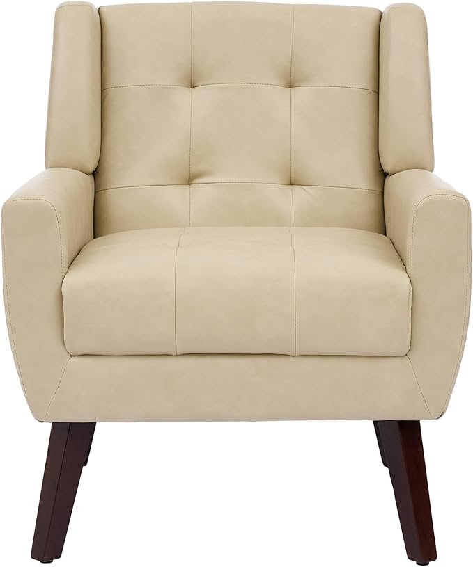 UIXE Faux Leather Accent Chair Modern Upholstered Club Arm Chair for Living Room Comfy Armchair Single Sofa Seat with Solid Wooden Legs (Cream)