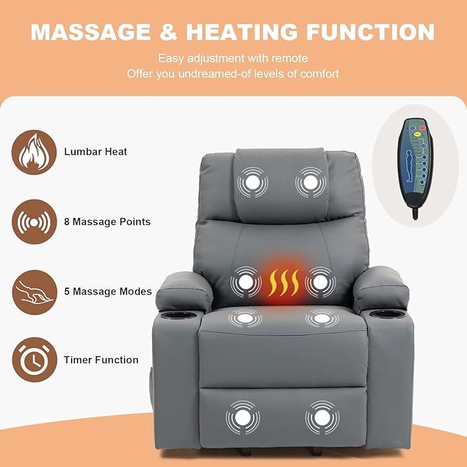Power Lift Recliner Sofa Chair Electric Stand Assit for Elderly People Leather Reclining Chair with Cup Holders Massage &amp Heat Functions Living Room or Bedroom Furniture for Resting Gray