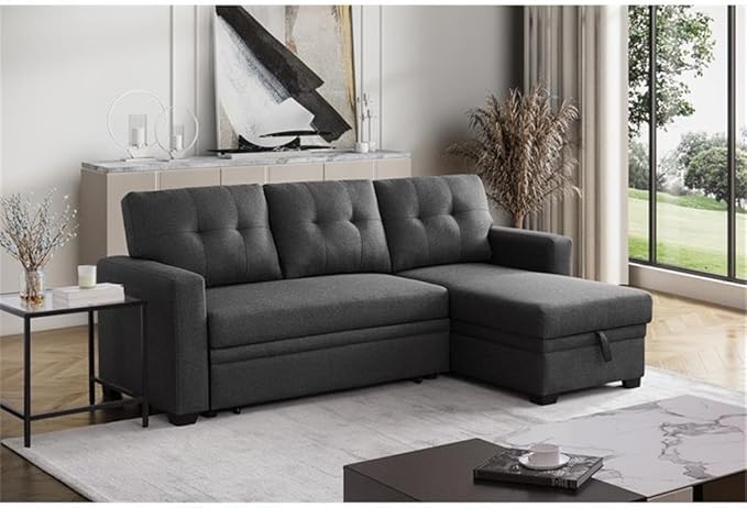 Devion Furniture L-Shaped Polyester Fabric Reversible Easy Convertible Pull-Out Sleeper Sectional Sofa/Storage Chaise with Tufted Back Cushions and Track Arms in Dark Gray