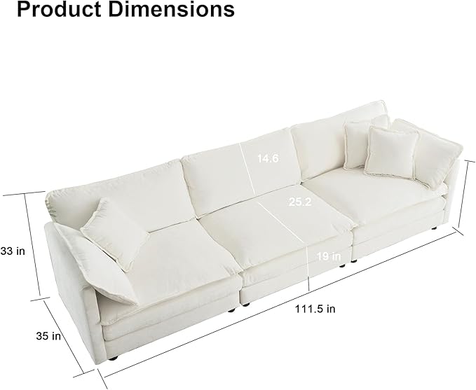 KIVENJAJA Chenille Modular Sectional Couch Modern 3 Seater Comfy Deep Seat Cloud Sofa with 5 Pillows for Living Room Bedroom Office Apartment 111.5”W Beige