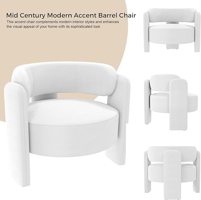 NOBPEINT Mid Century Modern Accent Barrel Chair Round Upholstered Leisure Armchair with Open Back for Living Room Bedroom Apartment White