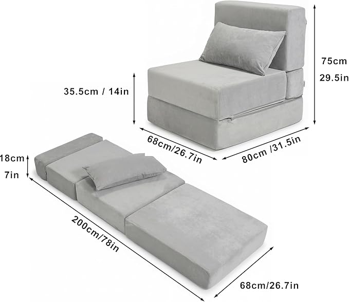Folding Sofa Bed Convertible Sleeper Chair with Pillow Foldable Mattress &amp Back Support Portable Floor Lounger Futon for Apartment Dorm Living Room Bedroom Grey