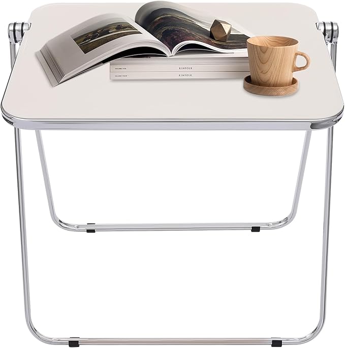 Folding TV Tray Table Acrylic Foldable Desk No Assembly Required Mini Folding Desk for Home Office Living Room Bed Room Outdoor (Silver + White)