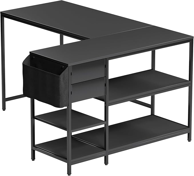Techni Mobili Modern L-Shaped Desk with Storage Corner Computer Desk for Home &amp Office with 2 Drawers Open Storage Shelves Fabric Organizer &amp Sturdy Metal Frame Black