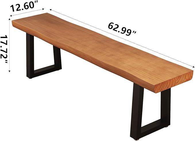 Solid Wood Top Bench with Metal Legs Durable Long Bench for Home Office Living Room Dining Room Versatile Multi Size Options Perfect Chair Stool Dining Bench Dining Chair (Light brown bench 62.99in)