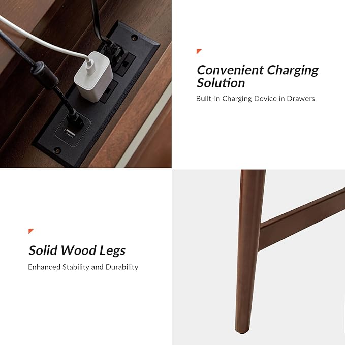 HULALA HOME 47 Writing Desk with 3 Drawers Wood Office Desk with USB Charging Staion Vintage Office Desk with Cable Management(Walnut)