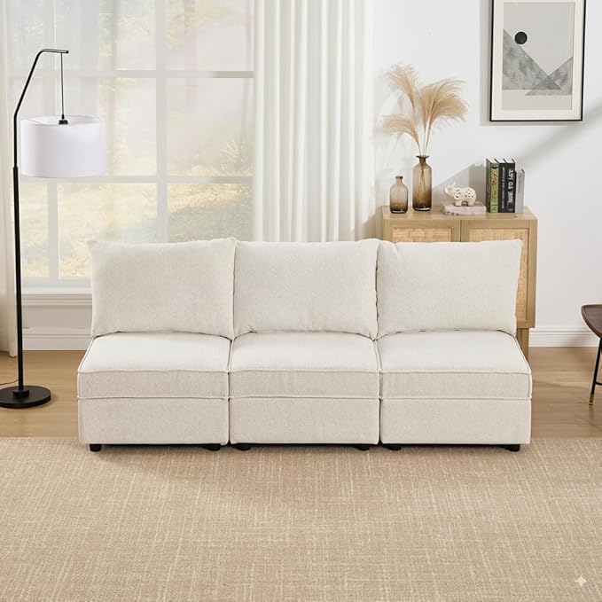 90 Inch Modular Sectional Sofa Couch 3 Seater Sofa with Storage Place Modern Cozy Cloud Convertible Sofa Couch for Living Room/Apartment Chenille Fabric Beige