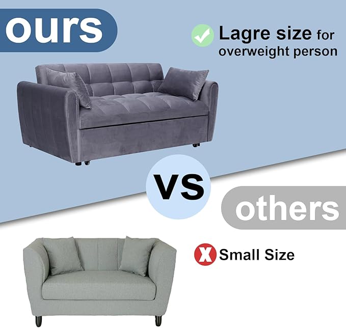 64.9 Velvet Convertible Sofa Bed 3-in-1 Sleeper Loveseat with Adjustable Backrest &amp Storage Pocket Modern Futon for Small Spaces Apartment Living Room Office (Grey)