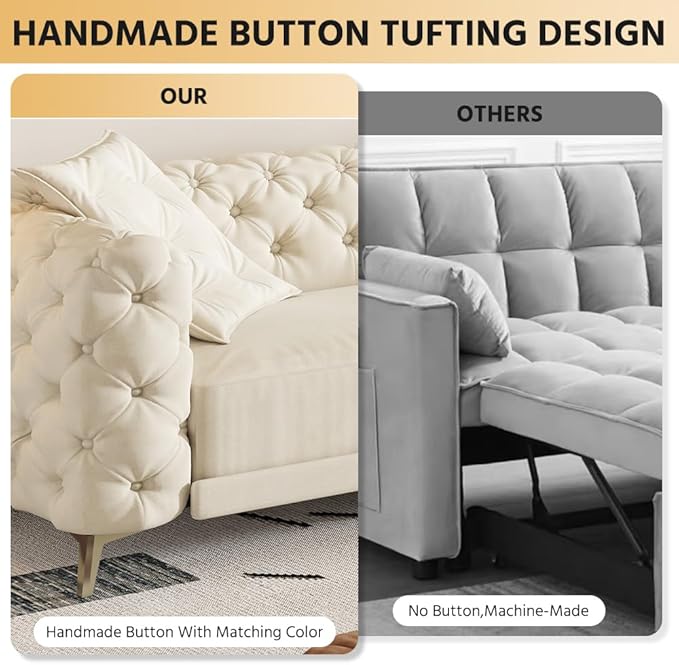 97.7'' Velvet Pull Out Sofa Bed King with Ottoman 3-in-1 Convertible Sleeper Sofa Couch Modern Tufted Deep Seat Couch with Pillows Comfy Couches for Living Room Beige