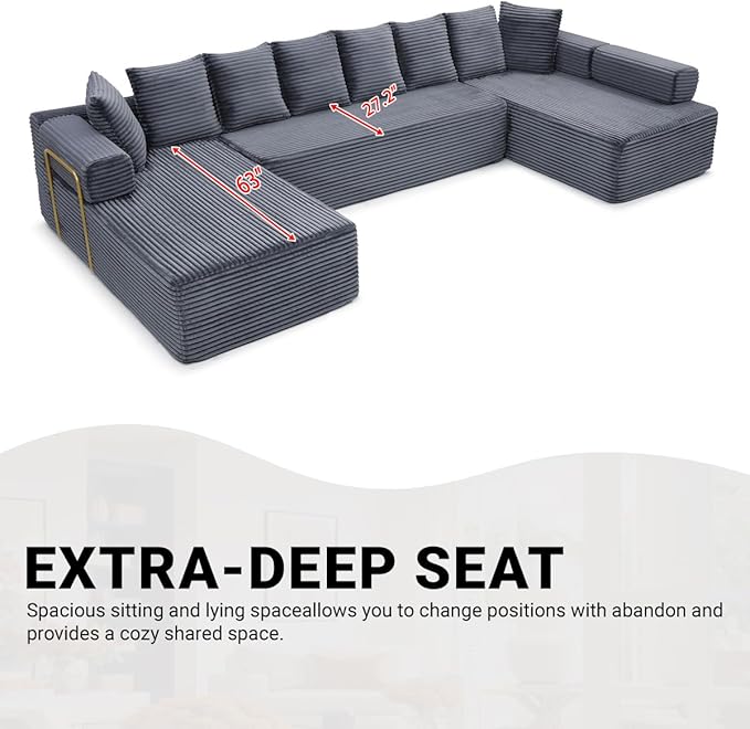 145 Oversized Cloud Boneless Sectional Sofa with Chaise Corduroy U Shaped Modular Couch with Deep Seat Fixed Frame Comfy Corner Sofa No Assembly Required (Grey)
