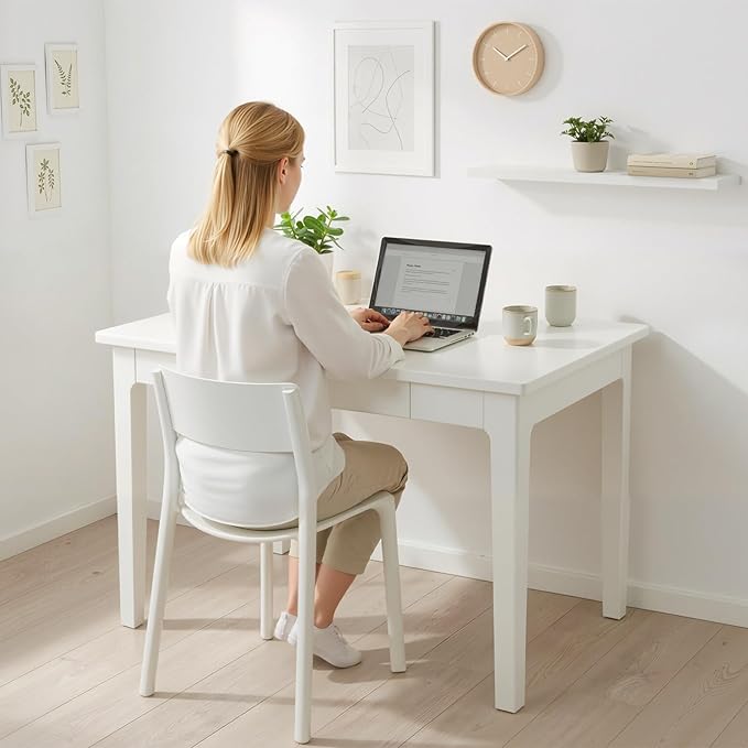31 Minimalist Solid Rubberwood Desk with Metal Glide Drawers True White - Extra Deep 24 Makeup Vanity &amp Writing Table