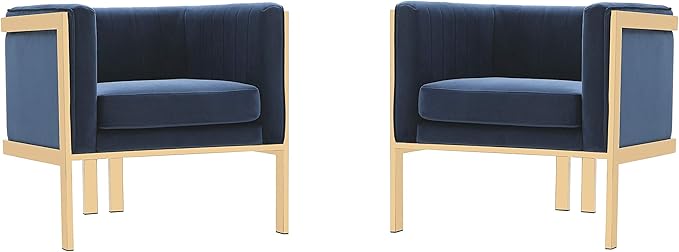 Manhattan Comfort Paramount Velvet Accent Armchair Set of 1 Polished Brass Frame with Geometric Legs Art Deco Chair 1920s Glamour Fully Assembled Living Room Lounge Seat Royal Blue