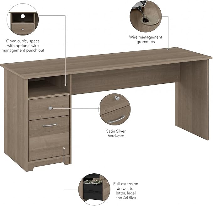 Bush Furniture Cabot 72W Computer Desk with Drawers in Ash Gray Large Work Table and Built-in Storage for Home Office 6 Foot Long Desktop
