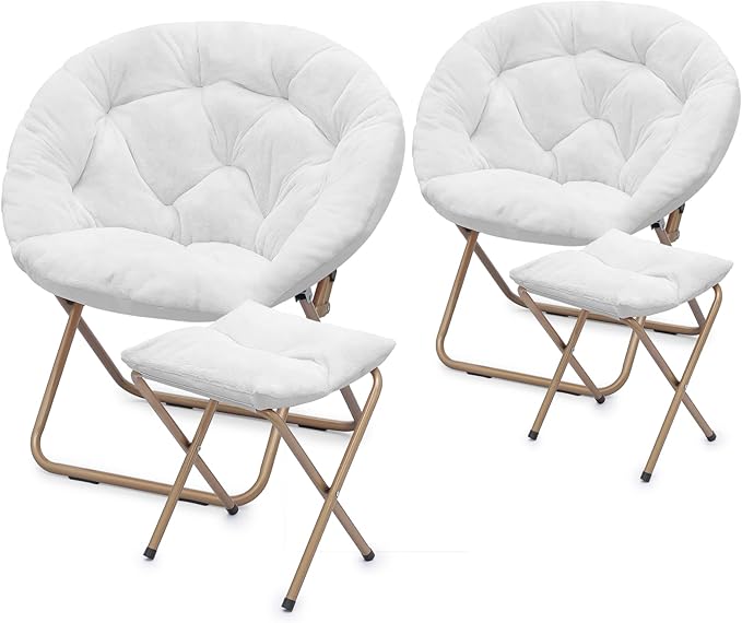 Athena Collection Round Saucer Chair with Ottoman Set of 2 for Adults Oversize Comfy Cozy Faux Fur Folding Reading Chair with Metal Leg Lazy Relaxing for Living Room Bedroom Dorm Apartment White