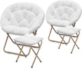 Athena Collection Round Saucer Chair with Ottoman Set of 2 for Adults Oversize Comfy Cozy Faux Fur Folding Reading Chair with Metal Leg Lazy Relaxing for Living Room Bedroom Dorm Apartment White