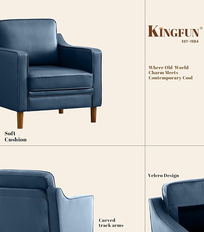 Kingfun Accent Chair Set of 2 Living Room Chairs Faux Leather Reading Armchair Mid Century with Solid Wood Foot Upholstered Modern Decor for Bedroom Apartment Blue