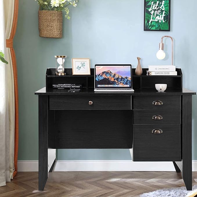GRAFFY Wooden Computer Desk 4 Storage Drawers &amp Bookshelf Executive Study Desk Table Writing Study Desk Home Office Vintage Desk (Black)
