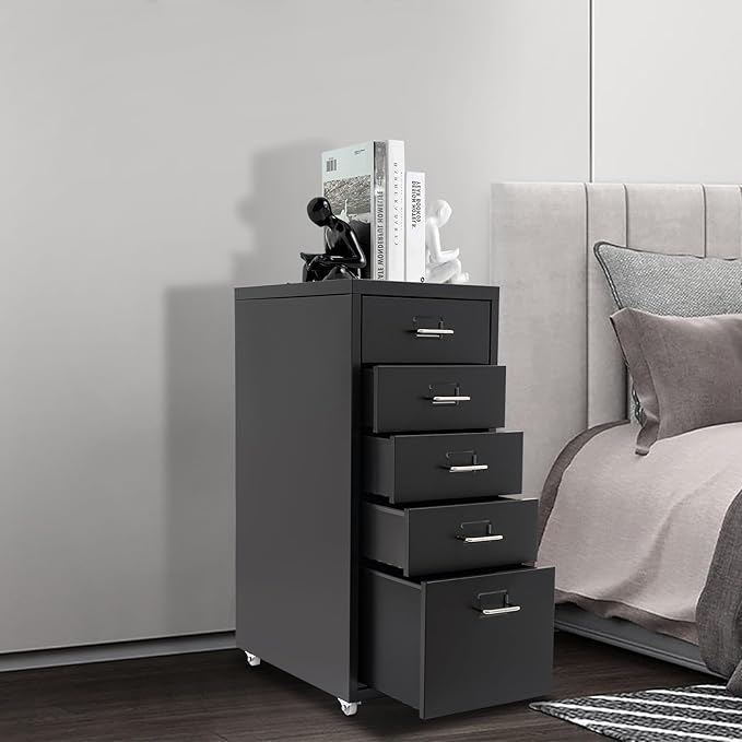 5 Drawer File Storage Cabinet Black Side Storage Organizer Office Filing Cabinet Stand Freestanding Storages Drawer Rolling Storage Dresser with Wheels11 * 16.1 * 27.1in