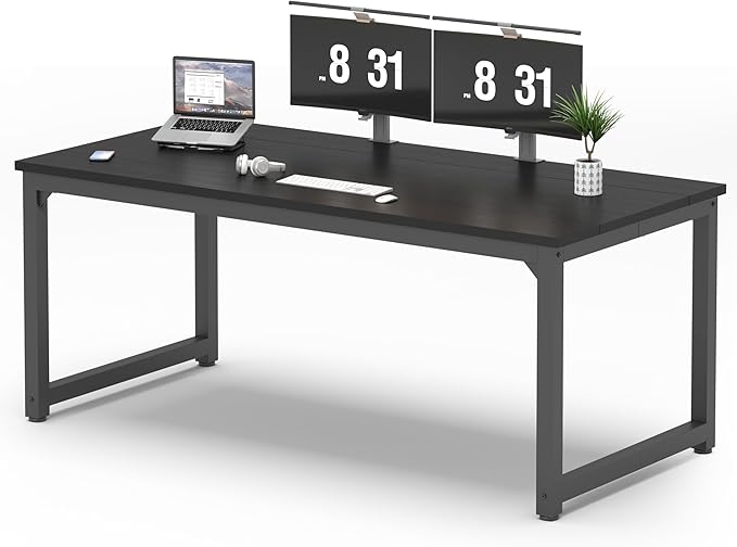 DSHADE 70 Large Computer Desk Thick 1 Tabletop Home Office Workstation Reinforced Metal Frame Adjustable Feet Solid/Modular Design Black/Wood Grain