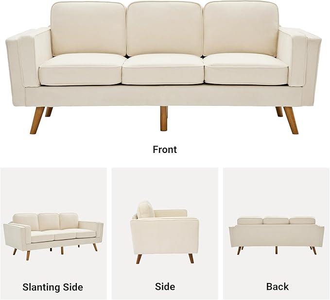 Kingfun 83 Chenille Sofa 3 Seater Couch with Deep Seats Mid Century Modern Upholstered Couches with Dual-Layer Armrests for Living Room &amp Bedroom Beige