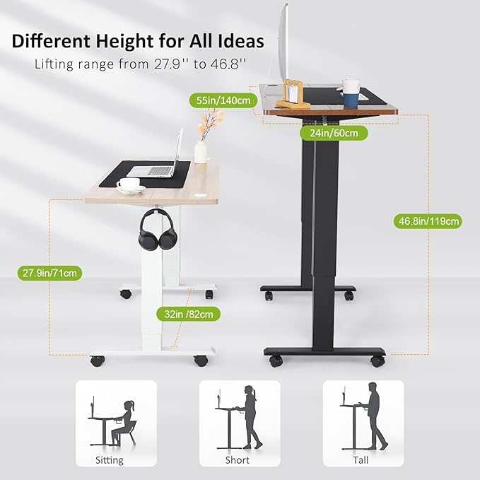 farexon Electric Standing Desk Adjustable Height 55 x 24 Inch Stand up Desk with Large Mouse Pad Rolling Wheels &amp Foot Pad27''-46'' Lifting Range Home Office Computer Desk(Black)