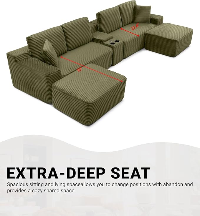 150 Oversized Modular Sectional Sofa Deep Seat Cloud L-Shape Corduroy Couch with Cup Holders USB Ports Wireless Charging &amp Storage Box Upholstered Modular Sleeper Sofa for Living Room (Green)