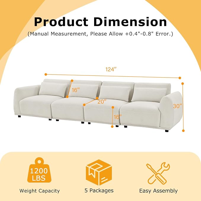 Boucle Sectional Couches for Living RoomComfy Upholstered Modular Sectional SofaU Shaped CouchL Shape Sofa with Removable Ottoman.(4Seats-Beige White)