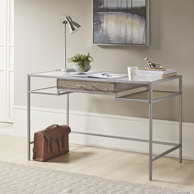 Adela Writing Desk - Silver Metal Tempered Glass Top Compact Home Office