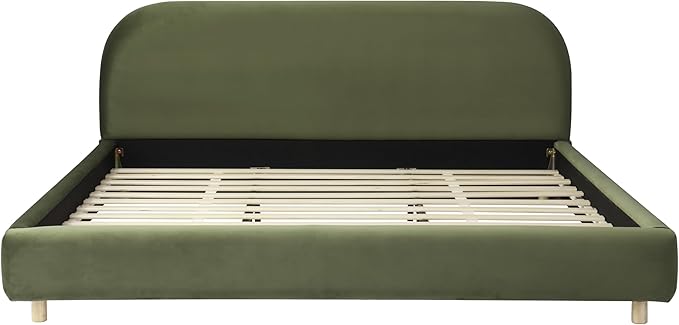 Merax King Size Teddy Fleece Thick Fabric Upholstered Platform Bed with Curved Shaped Headboard Wood Bed Frame with Solid Round Legs for Kids Teens Adults Olive Green