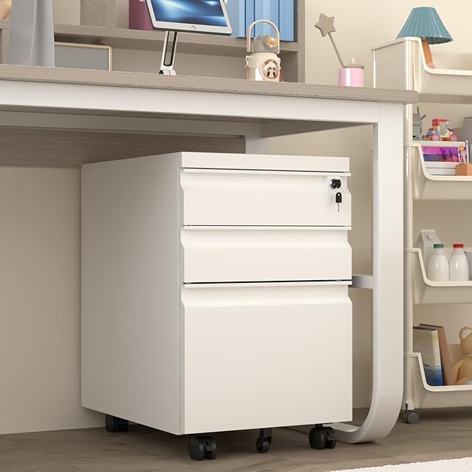 3 Drawer File Cabinet with Lock Metal Mobile Filing Cabinet on Wheels Under Desk Storage Cabinet for Home Office Deep Drawers for Letter/Legal/A4 Files with Anti-Tip Design (White)