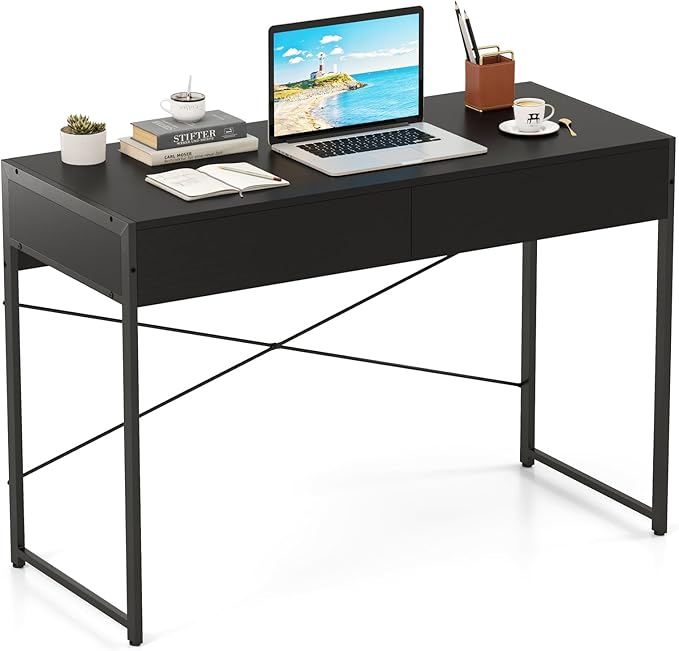 Giantex Computer Desk with 2 Drawers 44 Inch Home Office Desk with Anti-Toppling Device &amp Metal Frame Compact Laptop PC Table Makeup Vanity Table Modern Study Writing Desk for Small Spaces (Bl