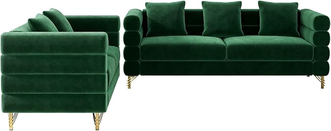 Living Room Sofa and Loveseat Set Modern Comfy Overstuffed Velvet Deep Seat Cloud Couch with 5 Pillows Oversized Chesterfield Furniture Sets for Living Room Bedroom Emerald Green Velvet