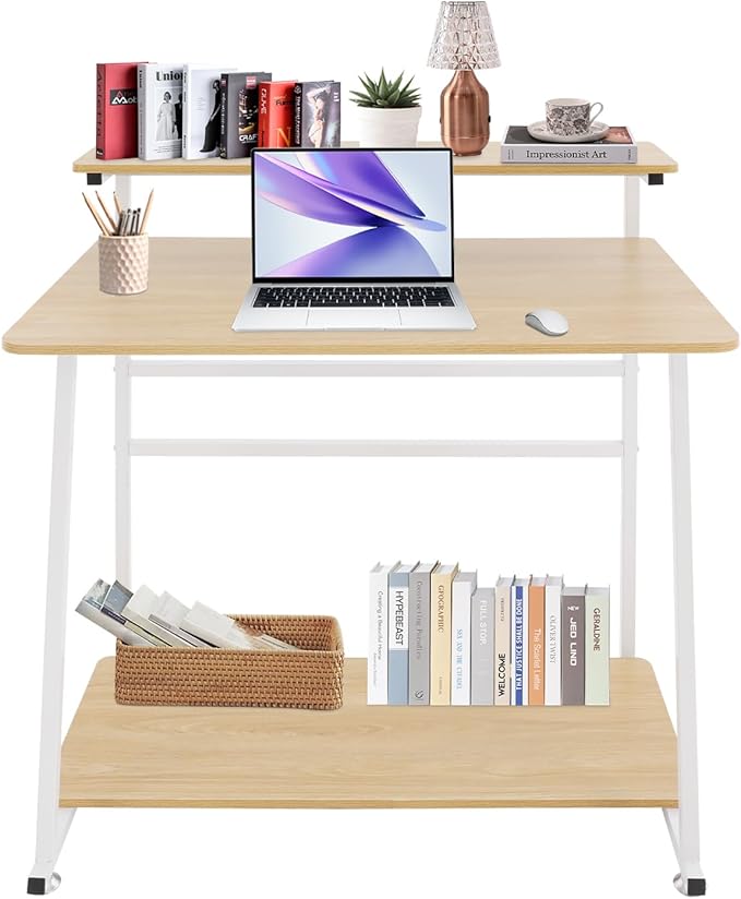 Home Office Desk36inch Rolling Computer Desk With Storage Shelves Under Desk Reversible3-Tier Computer Desk With 31.5*19.69in Spacious Desktop For Small Place For BedroomsStudios (White+Log Color)