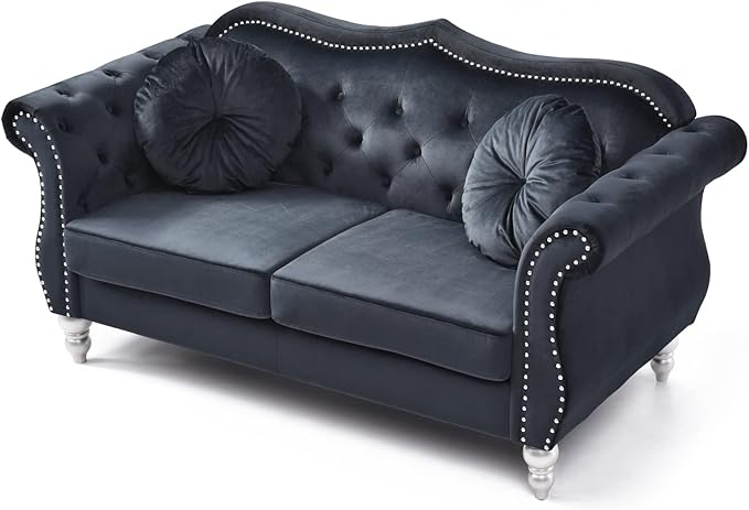 Velvet Loveseat 68 Wide Dark Gray - Hollywood Regency Style Sofa Black