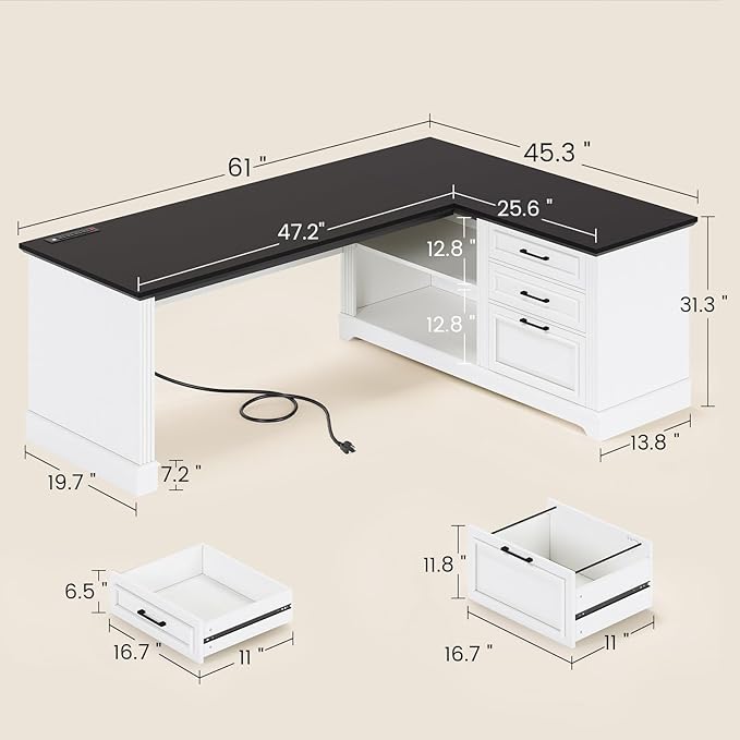 SEDETA Farmhouse 61 Executive L Shaped Desk Home Office Desk with File Drawers Computer Desk with Power Outlets and Storage Shelves for Home Office White