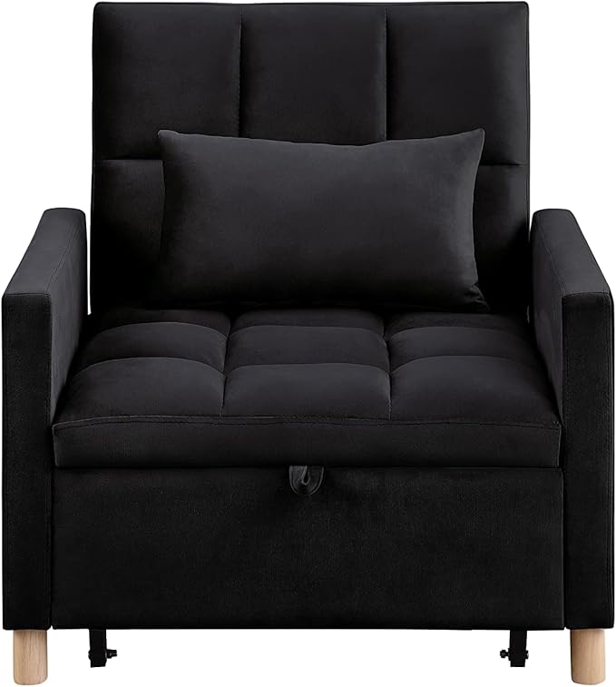 3-in-1 Single Convertible Chair BedSingle Sleeper Sofa Chair Bed with Pillow &amp Pocket Multi-Functional Sleeper Chair Living Room Chair with Velvet Fabric (Black)