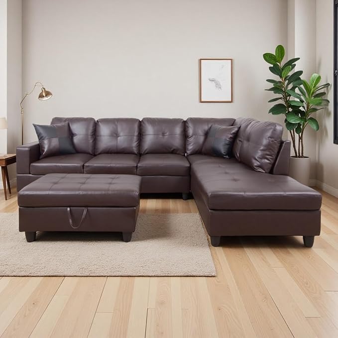 Faux Leather Sectional Sofa Couch Modern Brown L-Shaped Couch Modular Sectional Sofa Set 103.5 Corner Chaise Lounge with Storage Ottoman for Living Room Office Dorm (Right Chaise Brown)