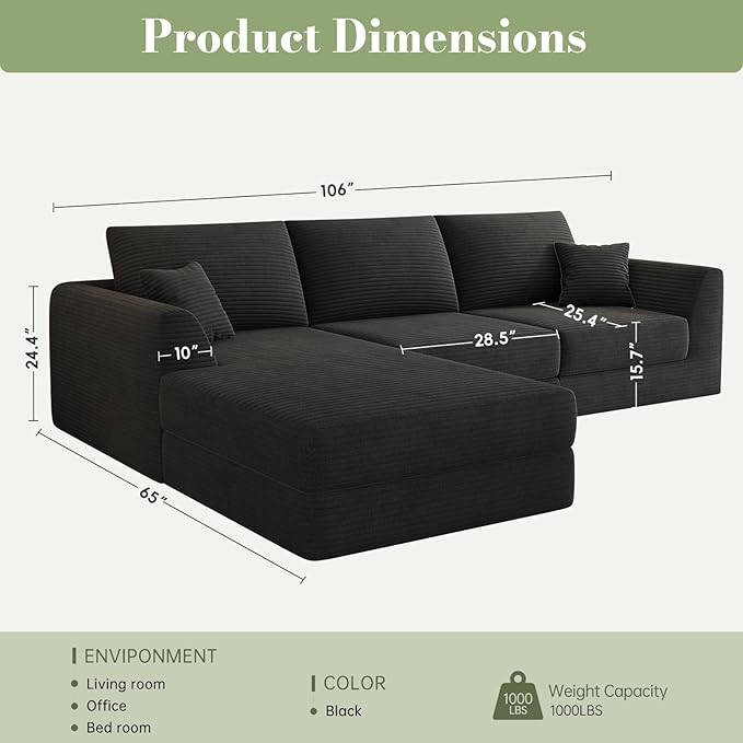 106” Modular Sectional Sofa Cloud Sectional Couch with Deep Seat Modern Modular L-Shape Sofa Couch with ChaiseUpholstered Boneless Couches for Living Room Bedroom No Assembly Required
