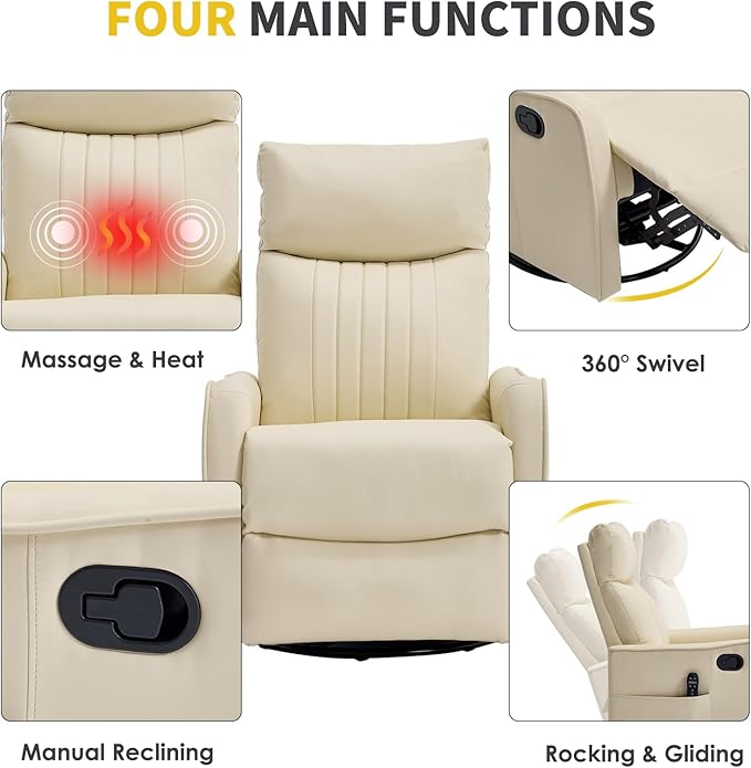 Swivel Rocker Recliner Chair 360° Swivel Recliner with Heat and Massage Rocker Recliner Upholstered Fabric Nursery Glider Recliner Chair with Side Pockets for Living Room PU Light Yellow
