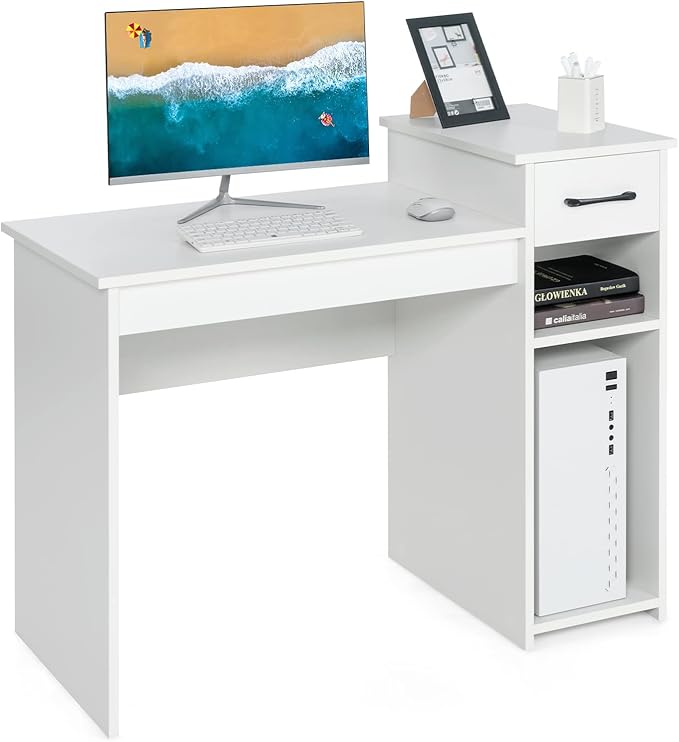 Giantex White Computer Desk 40 Study Writing Desk with Drawers and Printer Shelves Modern PC Laptop Workstation for Small Space Home Office