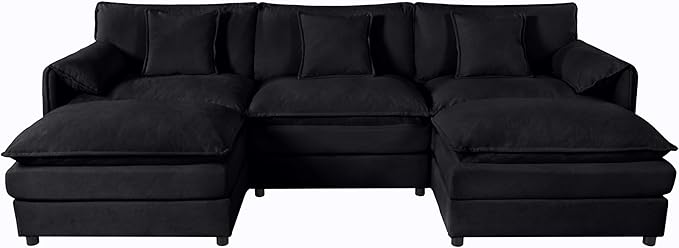 109 Modular Sectional Sofa with 2 Ottoman Chenille Cloud Couch for Living Room &amp Apartment Deep Seat Comfort Flexible U-Shape Combination Sofa for Home &amp OfficeBlack
