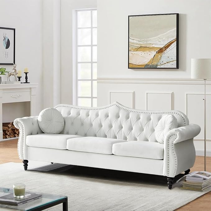 3 Seater Chesterfield Sofa Velvet Modern Tufted Velvet Couch with Scroll Arms and Nailhead Classic Chesterfield Settee Couches (White)