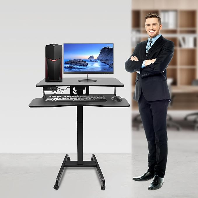 Electric Mobile Height Adjustable Standing Workstation Rolling Electric Podium Desk with Wheels and Keyboard Tray Dual Tiered Standing Desk for Office School Home