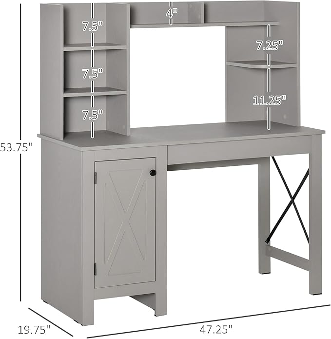 Farmhouse Style Computer Desk with Storage Hutch Home Office Desk for Study and Work Light Grey